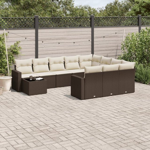 vidaXL 11-tlg. Garten-Sofagarnitur in L-Form aus braunem PE-Rattan mit Kissen und Glastisch - Bild 3