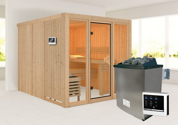 Karibu Sauna ASKJA aus Fichte und Esche in Braun mit 9.0 kW Ofen und Steuergerät, B/T/H: 216 x 234 x 198 cm