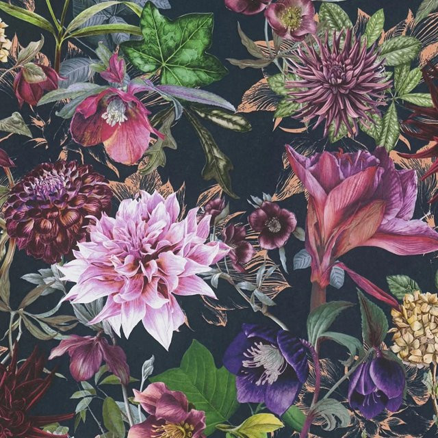 PROFHOME Blumen Tapete Floral Matt in Schwarz, Lila, Rosa und Grün, Vlies Tapete mit botanischem Naturmuster, Breite: 0,53 m, Länge: 10,05 m - Bild 1