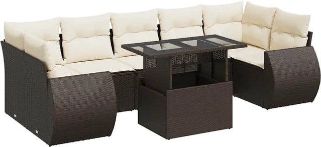 vidaXL 8-teilige Garten-Sofagarnitur in L-Form aus braunem Poly-Rattan mit cremeweißen Kissen und pulverbeschichtetem Stahlgestell - Bild 1