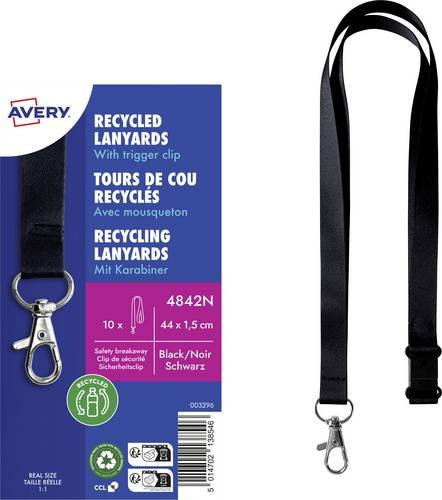Avery Zweckform 4842N Recycling Lanyard aus rPET mit Karabiner, Schwarz, L x B: 440 x 15 mm, 10 Stück - Bild 1