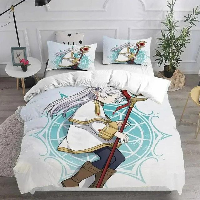 Bettwäscheset Anime Frieren mit 3D-Druck von Binchi Fitness, bestehend aus Bettbezug und Kissenbezug, Farbe: Weiß, Breite: 133 cm, Höhe: 70 cm - Bild 1