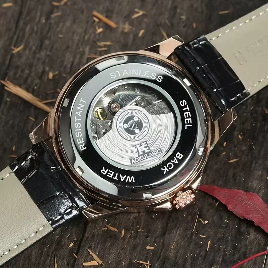 AOKULASIC Armbanduhr Automatik, Schwarz, Leder, Herren - Bild 3