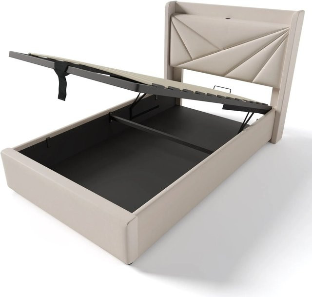 Merax Polsterbett Beige mit USB-C Ladestation und Stauraum B/T/H: 90 x 200 x 107 cm - Bild 1