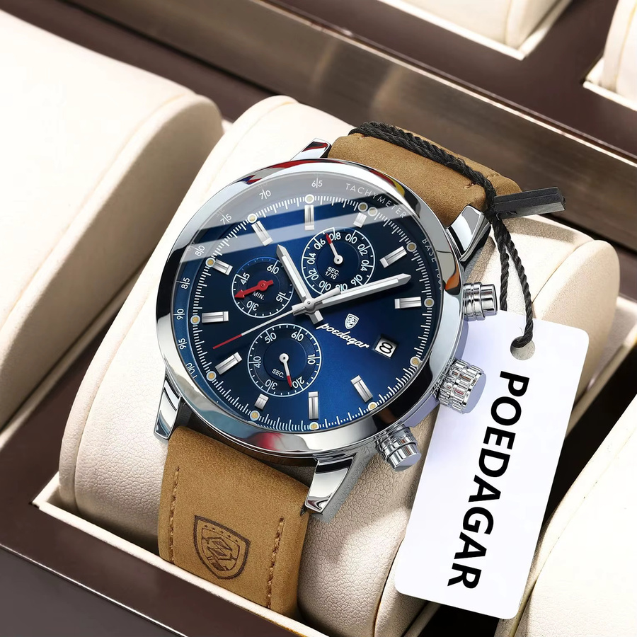 POEDAGAR Armbanduhr Chronograph, Quarz, Leder, Blau, Herren - Bild 2