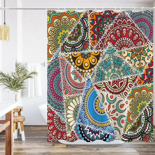 Wasserdichter Duschvorhang mit böhmischem Patchwork-Blumenmuster von Household supplies MH in Mehrfarbig, B/H: 180 x 180 cm - Bild 1