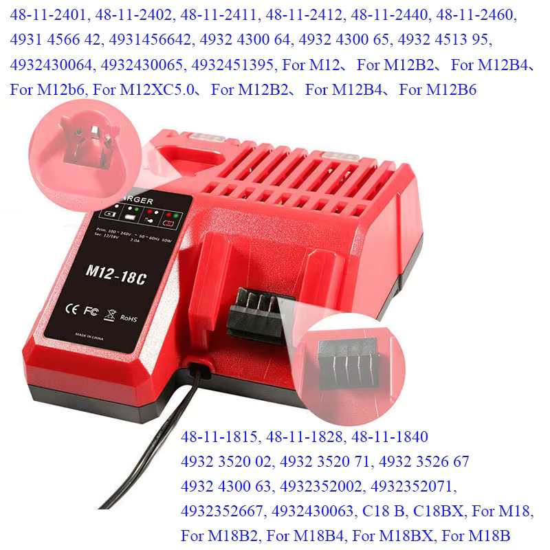 Milwaukee M12-18C Ladegerät für 12V, 14,4V und 18V Lithium-Ionen Akkus in Rot - Bild 3
