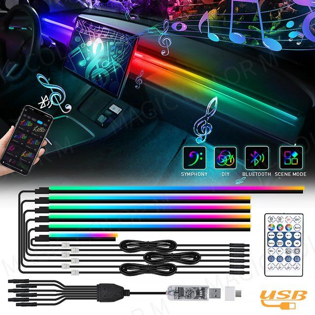 Vgetting Symphony LED Auto Umgebungslichter 6 in 1 RGB Atmosphärenlampe Universal für Tesla Model 3 Y S X, Multicolour, USB, App- und Fernbedienung, Länge: 140 cm - Bild 1