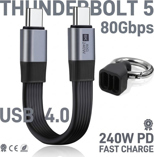 LIEI USB-C-Kabel Thunderbolt 5 mit Schlüsselanhänger, USB4.0, 240W PD Schnellladung, 80Gbps Datenübertragung, 8K@60Hz Videoanzeige, Schwarz - Bild 1