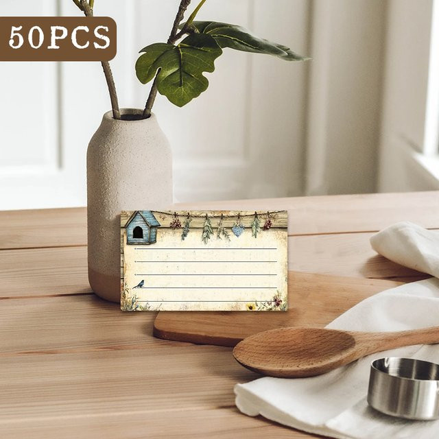50 Stück leere Grußkarten im Vintage-Landhausstil mit Vogelhaus und getrockneten Blumen, beige, aus Papier - Bild 1