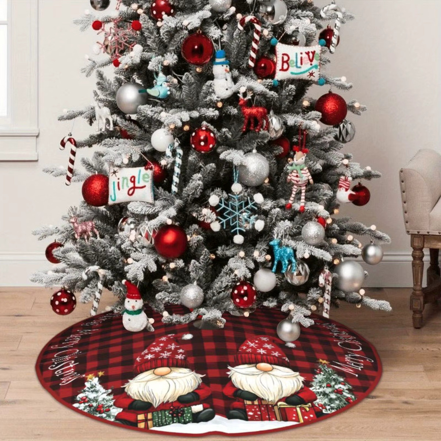 VIKAMA Weihnachtsbaumrock mit Zwerg- und Geschenkdesign in Rot, runde Baummatte aus Textil - Bild 1