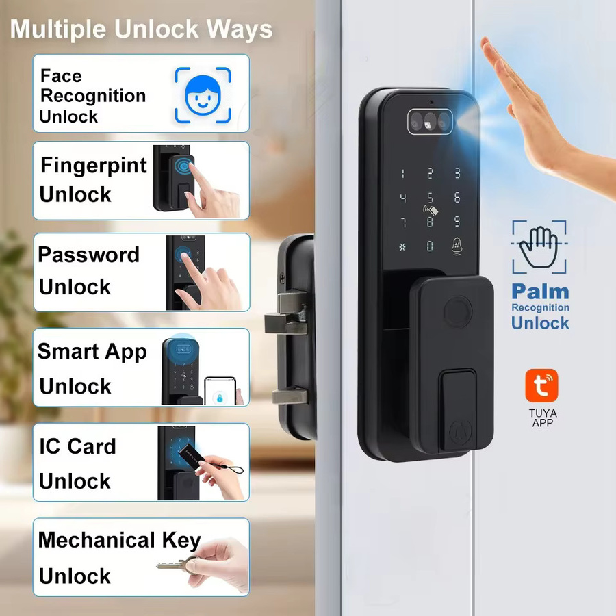 Intelligentes elektronisches Außentürschloss mit 3D-Gesichtserkennung, Fingerabdruck und Tuya WiFi App in Schwarz - Bild 2