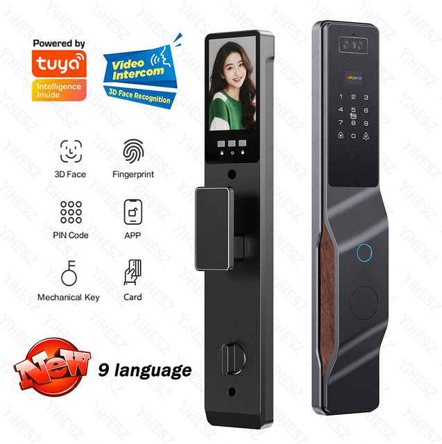 Tuya Smart Türschloss in Schwarz mit 3D Gesichtserkennung, Fingerabdruck, Passwort, Kamera und Tuya App WIFI Steuerung inklusive Intercom-Funktion - Bild 1