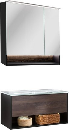 Fackelmann Badmöbel-Set B.Paris in Schwarz/Rigoletto mit Spiegelschrank, Glaswaschbecken und LED-Beleuchtung, Breite: 90,5 cm - Bild 1