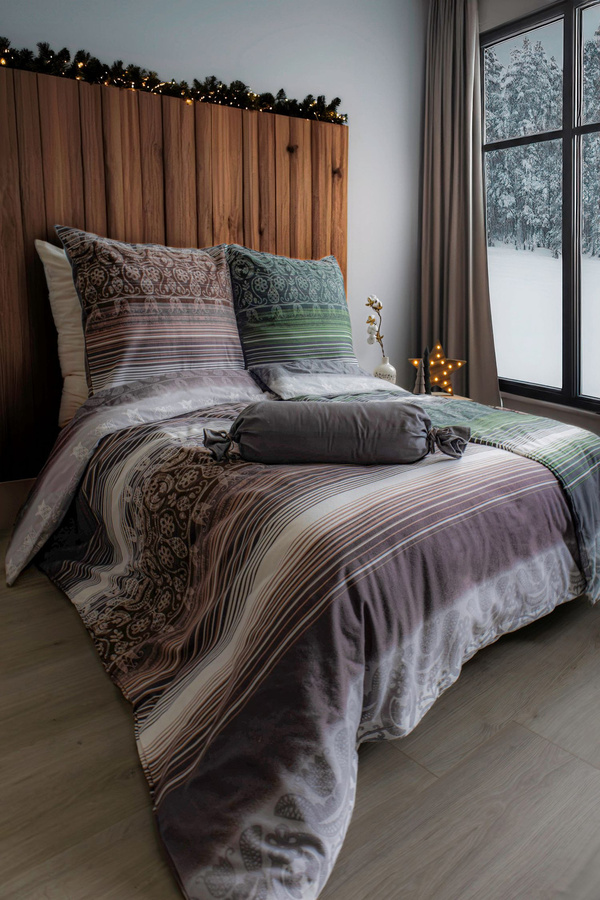 Fleuresse Aspen Biber Bettwäsche aus Baumwolle mit Ornamenten und Streifen in Braun und Weiß, B/H: 155 x 220 cm und 80 x 80 cm - Bild 1