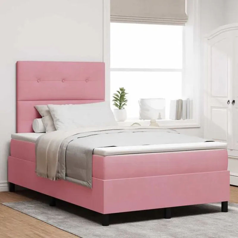 vidaXL Boxspringbett mit Matratze und Kopfteil in Rosa, Modernes Design aus Samt, B/T: 120 x 200 cm - Bild 1
