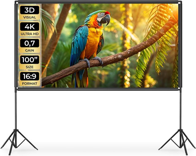 tectake Beamer-Leinwand mit Stativ für 4K, HD, Ultra HD und Full HD, Format 16:9, 100 Zoll, Gain-Faktor 0,7, Weiß, B: 223 cm, H: 128 cm - Bild 1