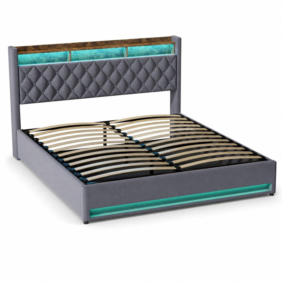 okwish Polsterbett mit LED-Beleuchtung und USB-Steckdosen in Grau, B/T/H: 180 x 200 x 117 cm - Bild 2