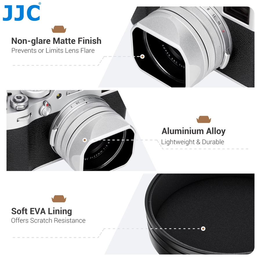 JJC Metall-Quadrat-Gegenlichtblende mit Adapterring und Objektivkappe für Fujifilm X100VI und X100V in Silber - Bild 3