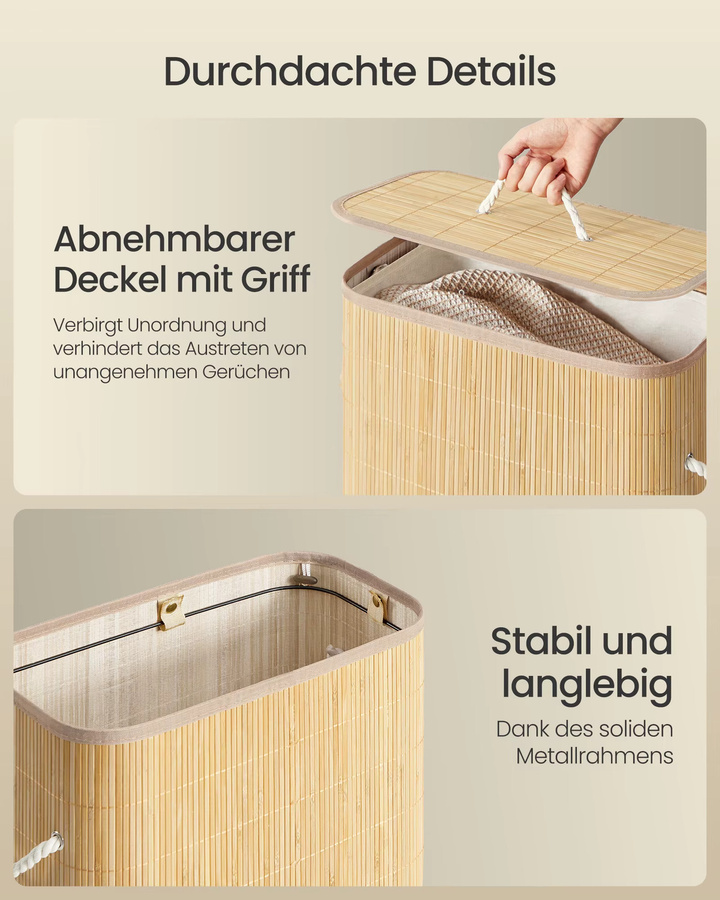 SONGMICS Wäschekorb mit Deckel aus Bambus, faltbarer Wäschesammler, 60 l, beige/sand - Bild 2
