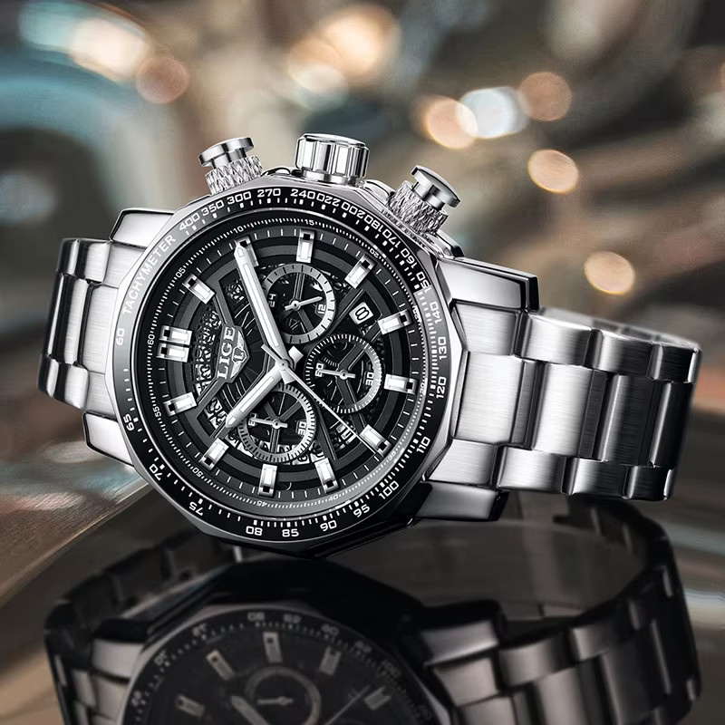 LIGE Armbanduhr Quarz, Edelstahl, Schwarz, Silber, Herren - Bild 2