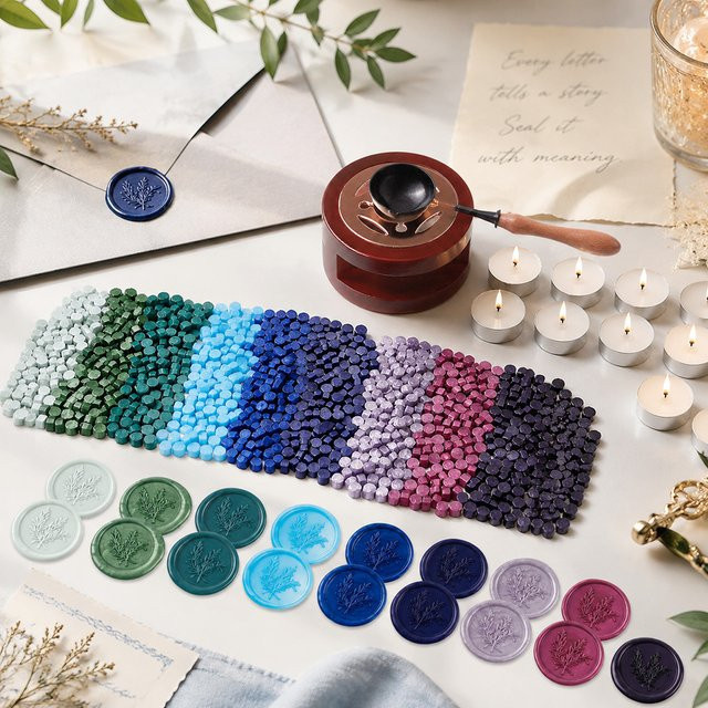 Siegelwachsperlen-Set in Weiß mit Wachssiegellackwärmer, Wachslöffel und 10 Teelichtern für DIY, Scrapbooking und Hochzeiten - Bild 1