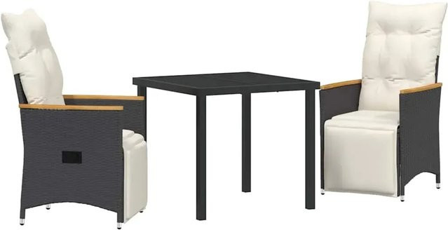 vidaXL Garten Essgruppe aus Poly Rattan und Akazienholz in Schwarz mit Glasplatte und Kissen, 3-teilig - Bild 1