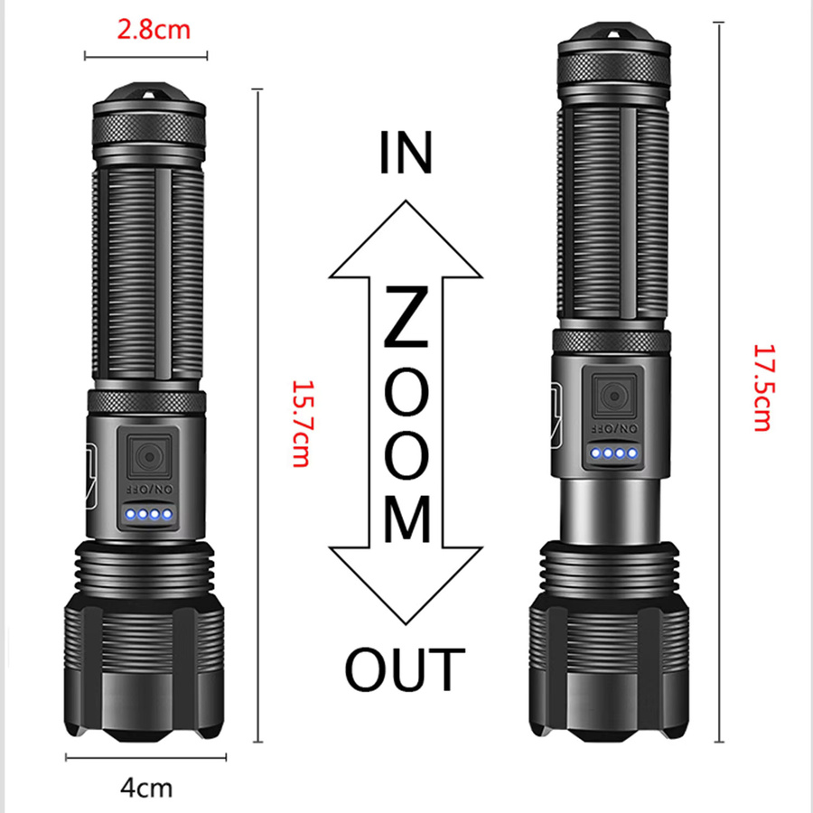 XIWANGFIRE Taktische Jagd-Taschenlampe aus Aluminiumlegierung mit 4-Kern-LED, USB wiederaufladbar und zoombar, Schwarz - Bild 3