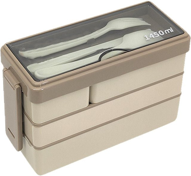 CosyHome Bento Box Lunchbox für Erwachsene, 3-lagiger stapelbarer Lunchbehälter mit 4 Fächern, beige - Bild 1
