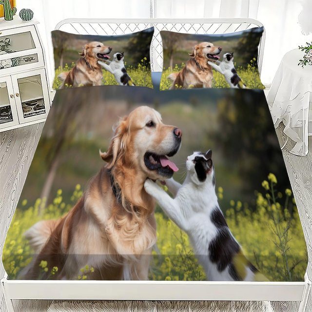 Binchi Fitness Bettwäsche-Set mit 3D Hund und Katze Motiv, atmungsaktives Spannbettlaken-Set aus Mikrofaser, Mehrfarbig, B/T: 150 x 200 cm, Höhe: 25 cm - Bild 1