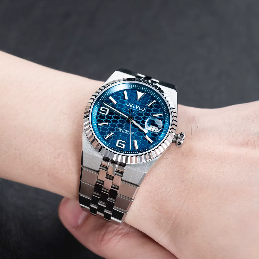 OBLVLO Armbanduhr Automatik, blaues Zifferblatt, Edelstahl, Herren - Bild 3