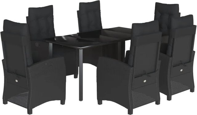 vidaXL 7-teilige Garten-Essgruppe aus Poly Rattan in Schwarz mit Kissen und Tisch aus gehärtetem Glas - Bild 1