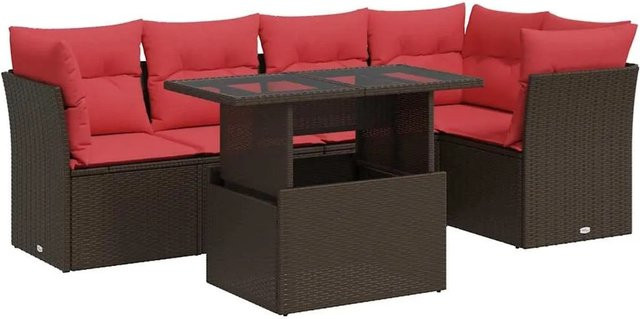 vidaXL 6-teilige Garten-Sofagarnitur in L-Form aus Polyrattan und Akazie mit Kissen in Braun - Bild 1