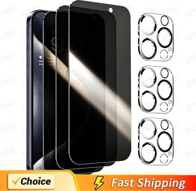 ZNQO 6-in-1 Datenschutz Schutzglas Set für iPhone 16 15 14 13 12 11 Pro Max Plus mit Displayschutz und Kameralinsenschutz - Bild 1