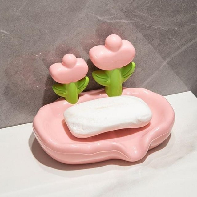Yiran Furniture Seifenschale mit Ablauf und rutschfester Basis in Meeresweiß und Rosa - Bild 1
