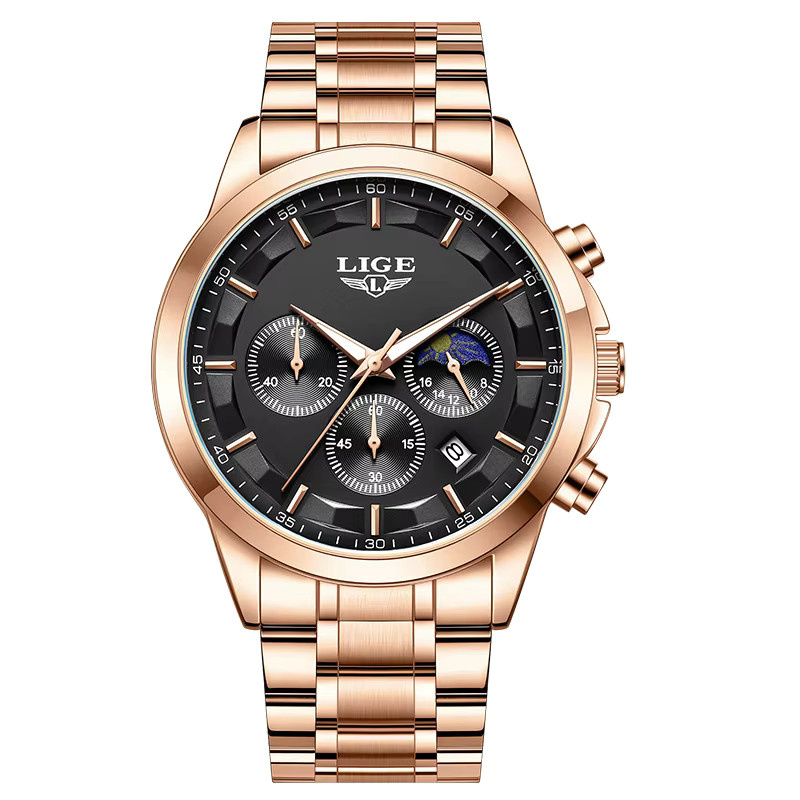 LIGE Armbanduhr Chronograph, Quarz, Edelstahl, Schwarz, Herren - Bild 6