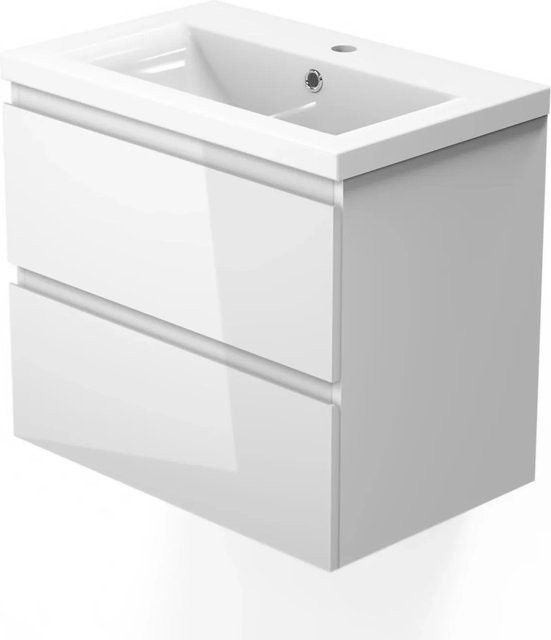AICA Badmöbel Aalst 2-teiliges Badezimmerset mit Keramik Waschtisch und Unterschrank, Weiß Hochglanz, Breite: 60 cm, Tiefe: 38,5 cm, Höhe: 56 cm - Bild 1