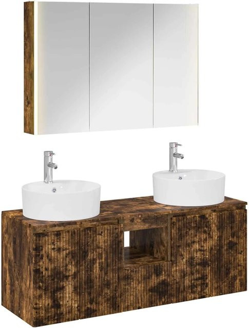 vidaXL Badezimmerschrank-Set 4-teilig in Brauner Eiche, Modernes Design mit LED-Beleuchtung und Spiegelschrank, Wandmontage - Bild 1