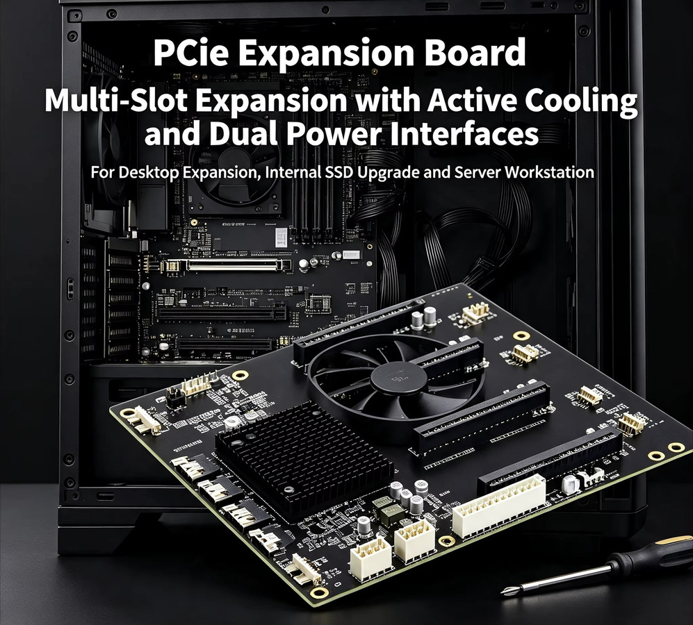PCIe 4.0 GPU-Erweiterungskarte mit PLX88096 Chip für 4 GPUs und U.2-Transferadapter, Schwarz, 65mm Abstand - Bild 3