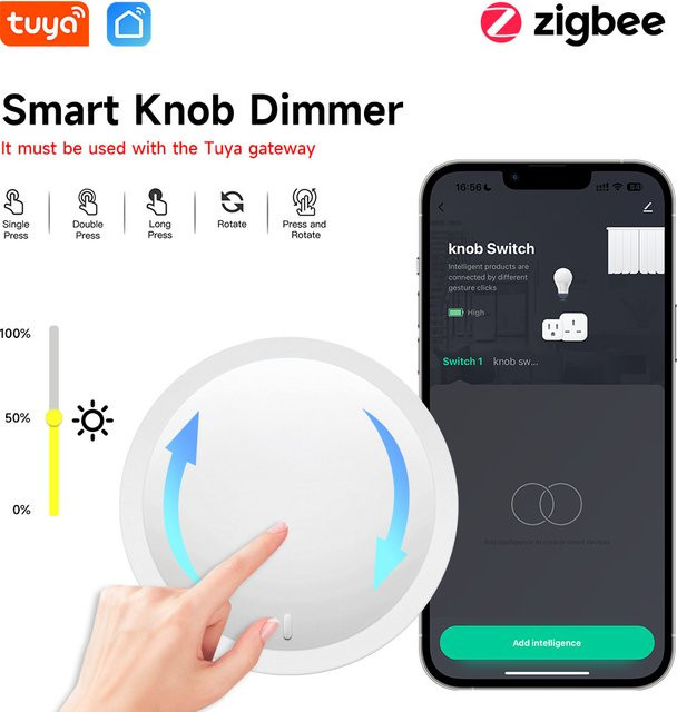 Tuya Kabelloser Smart-Drehknopf mit Zigbee-Protokoll in Weiß für App-Dimmung und Szenensteuerung (Tuya Gateway erforderlich) - Bild 1
