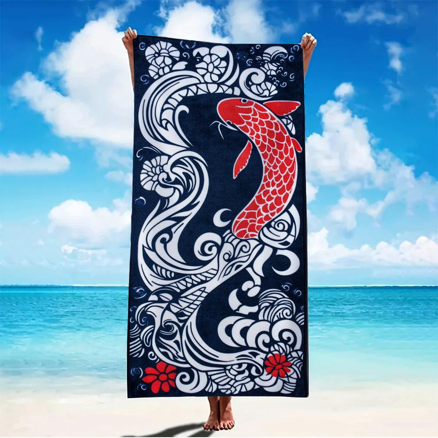 Vintage Japanisches Strandtuch mit Koi-Fisch und Blumendesign in Marineblau und Multicolor, Breite: 30 cm, Höhe: 60 cm - Bild 2