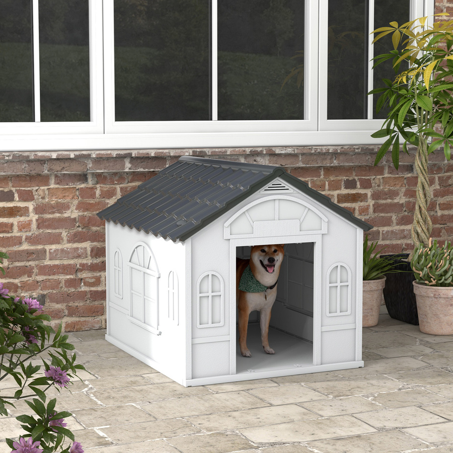 PawHut Hundehütte für mittelgroße und große Hunde aus wasserdichtem Kunststoff mit geneigtem Dach, Grau, B/T/H: 98,2 x 84,2 x 82 cm, Aosom - Bild 2