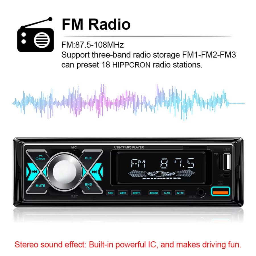 HIPPCRON Digitales 1 Din Autoradio mit FM Musikradio, MP3 Player und 7 farbigen Lichtern in Schwarz inklusive Fernbedienung - Bild 4