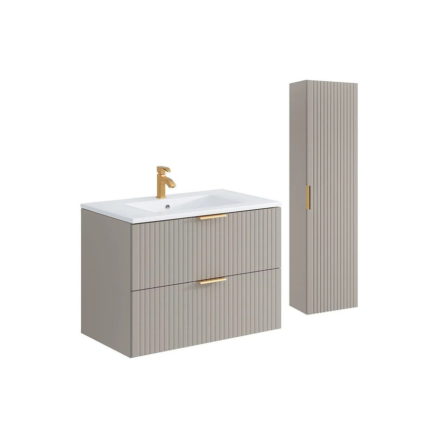 Vente-unique Badmöbel-Set Zevara in Beige im Art-Deco-Stil mit Waschbecken und Hochschrank, Breite: 80 cm, Höhe: 57 cm, Tiefe: 46 cm - Bild 2