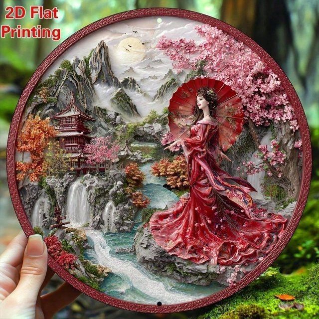 CIFBUY Metall-Wandkunst Bohemian Runde Aluminium-Plakette Mädchen mit Regenschirm Durchmesser: 20,32 cm - Bild 1