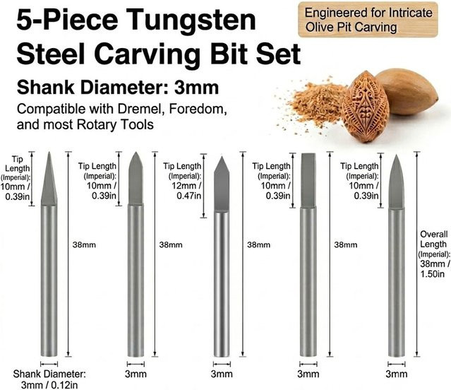 JGZUI 5-teiliges Gravurmesser-Set aus Wolframkarbid in Silber mit 3-mm-Schaft für Holzbearbeitung und Schnitzarbeiten - Bild 1