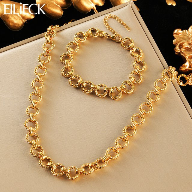 EILIECK Halskette und Armband Set, Edelstahl, Gold, Damen, Punk - Bild 1