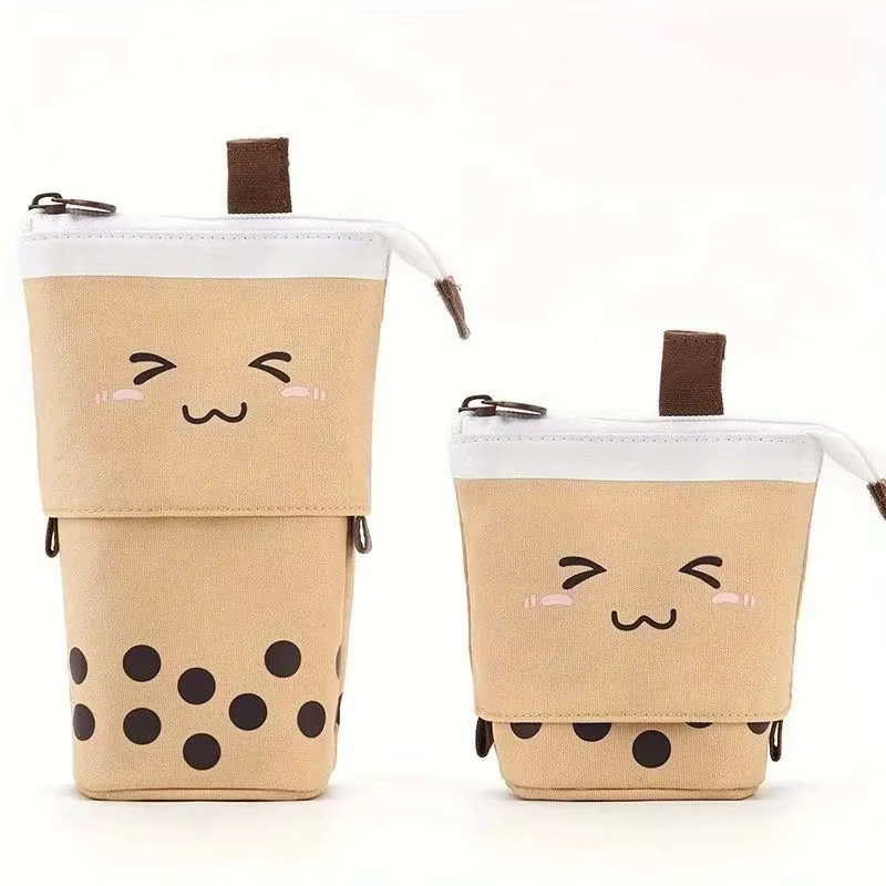 Erweiterbares Stiftetui aus Segeltuch mit Bubble Tea-Aufdruck in Beige und Gelb - Bild 1