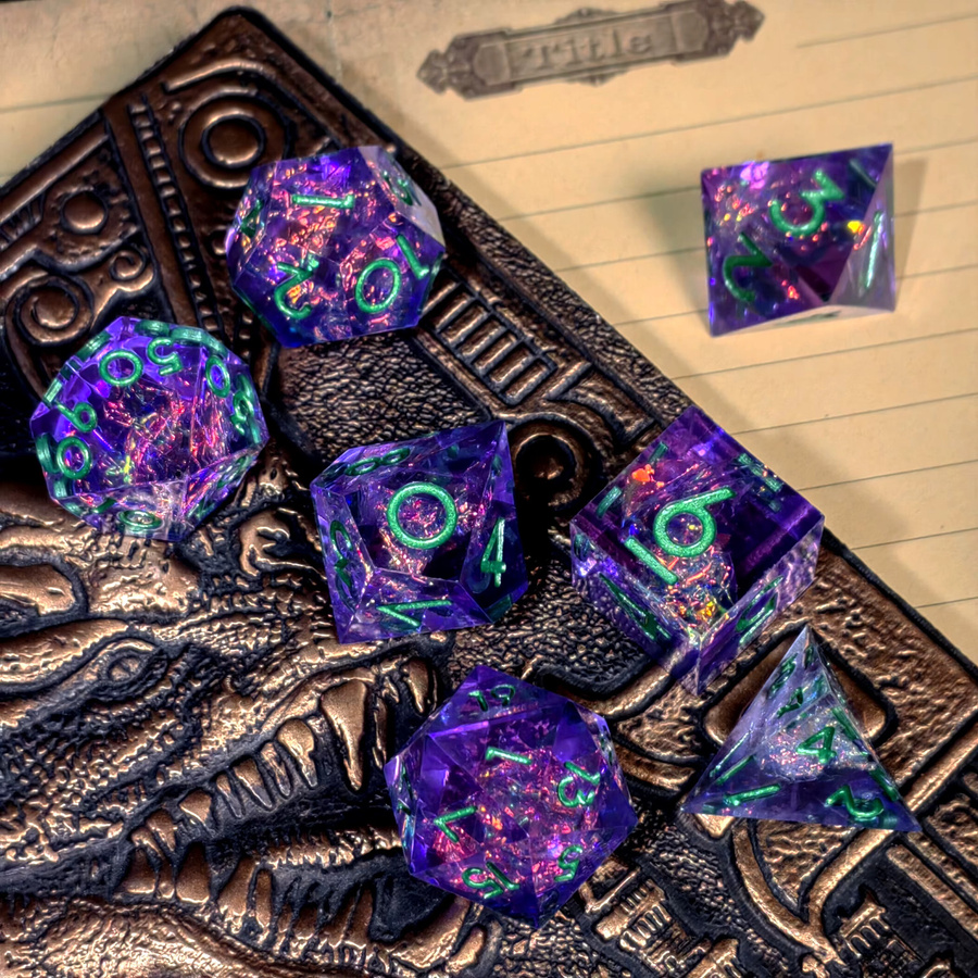 7-teiliges Harz-DnD-Würfelset, violette Basis mit grünen Zahlen, handgefertigte polyedrische Würfel für Dungeons & Dragons und RPG-Spiele - Bild 2