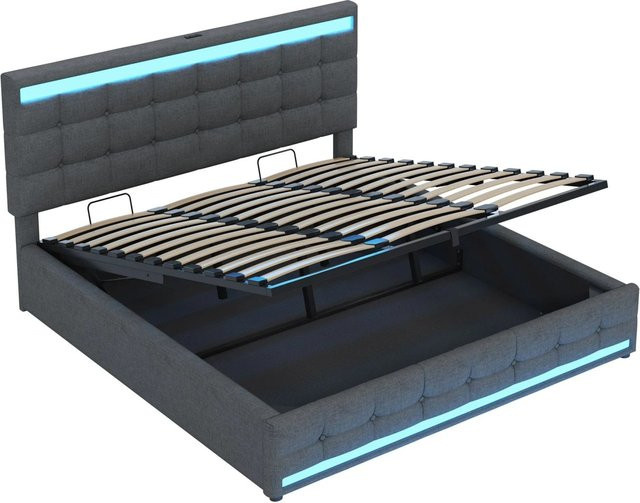 Merax Polsterbett mit Hydraulik, LED-Unterbettbeleuchtung und USB-Anschluss, Grau, B/T/H: 180 x 200 x 44 cm - Bild 1